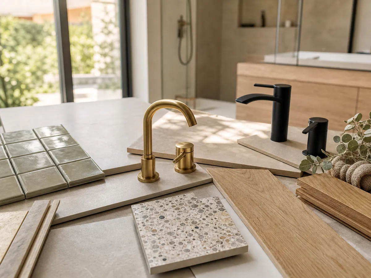Échantillons de carrelage, zellige, terrazzo, bois et robinetterie pour salle de bains